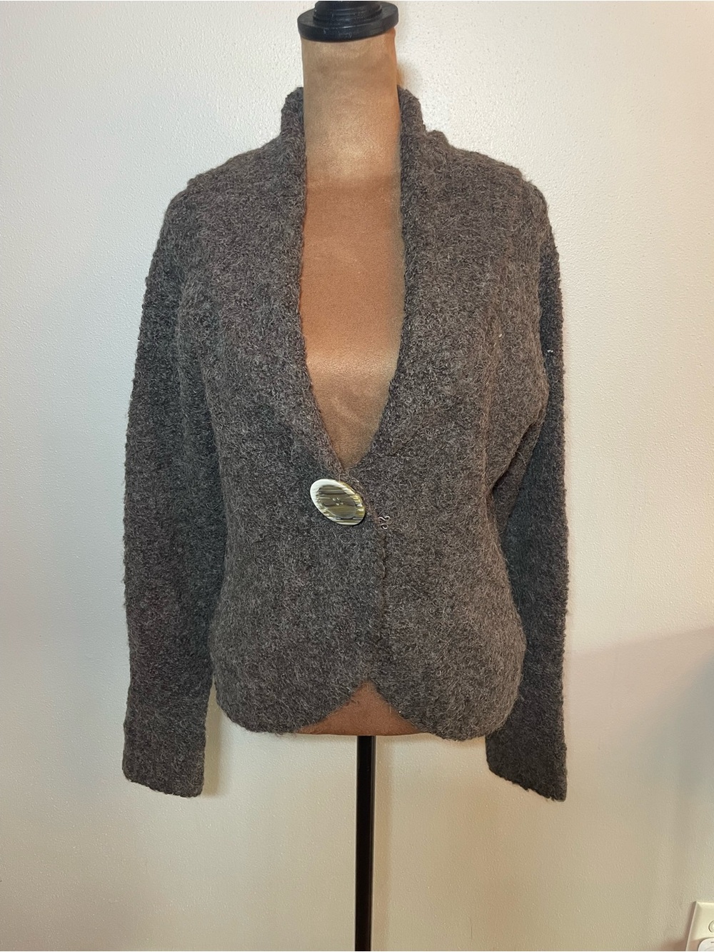 Sweaterworks Dark Brown Alpaca Blend Open-Front Cardigan with Decorative Button